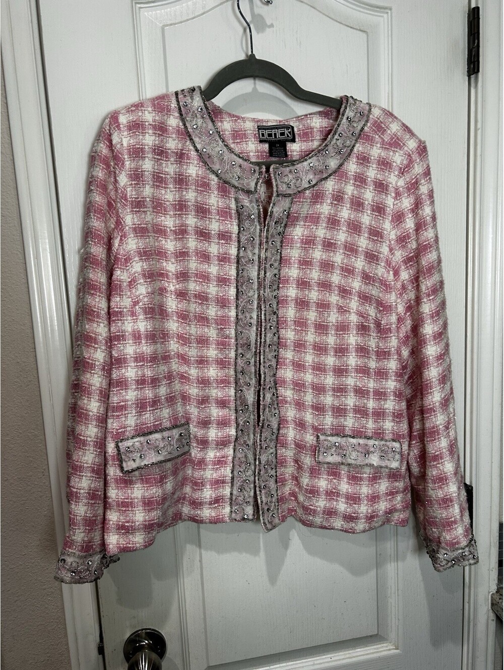 Berek by Takako Sakon Pink/Cream Tweed Plaid Embellished Vintage Lace Jacket 2X